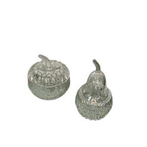 Pear & Apple Cut Glass Crystal Bowls Lidded Candy Jar Set Vintage